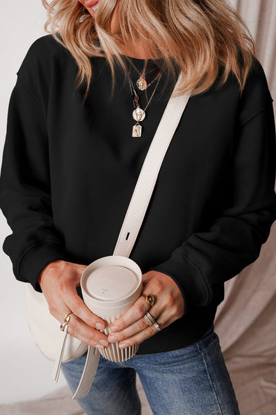 Women's Cozy Black Fleece-Lined Drop Shoulder Sweatshirt - Relaxed Fit Terry Fabric for Ultimate Comfort and Style