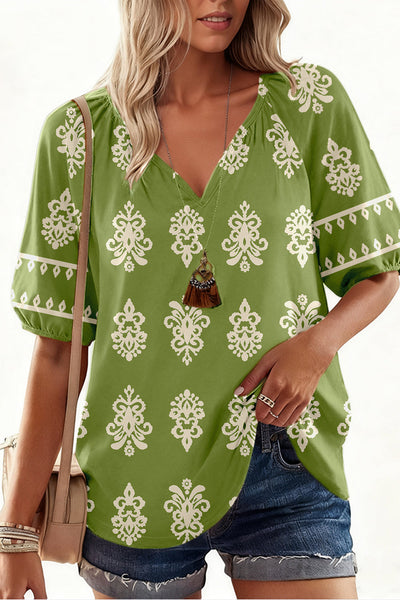 Women's Olive Green Boho Damask Notched V-Neck Blouse