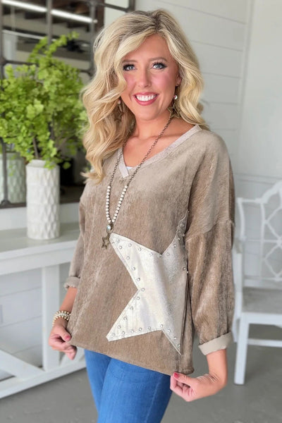 Chic Women's Parchment V-Neck Long Sleeve Top with Sequin Star Patches - Trendy, Stylish, and Perfect for Any Occasion