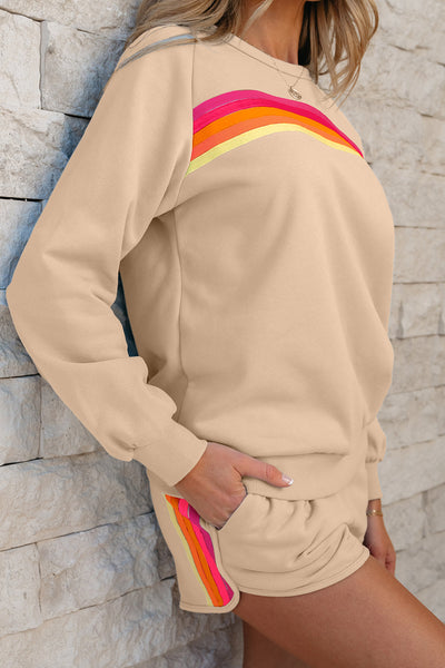 Women's Casual Apricot Striped Pullover and Shorts Set - Comfy Summer Two-Piece Outfit for Effortless Style