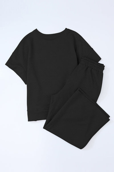 Chic Black Textured T-Shirt and Drawstring Pants Set for Women - Effortless Loose Fit Everyday Style