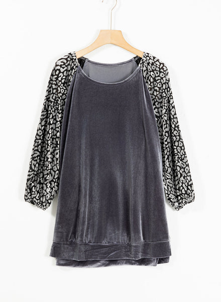 stylish women's medium grey leopard print velvet blouse with trendy lantern sleeves for a comfortable, chic look made for easy styling and wardrobe