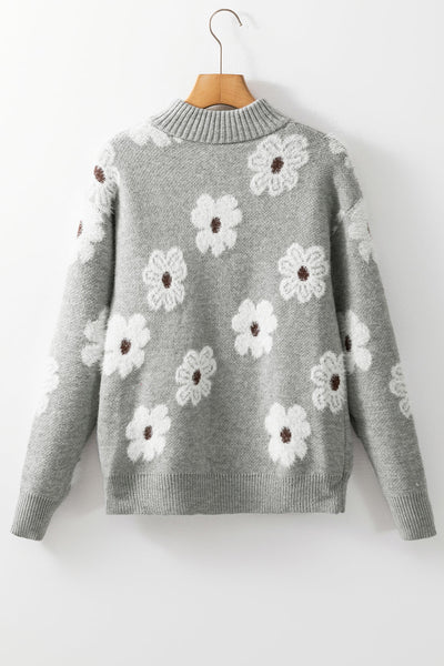 Cozy Women's Gray Floral Half-Zip Sweater - Chic Drop Shoulder Knit Pullover for Effortless Casual Style