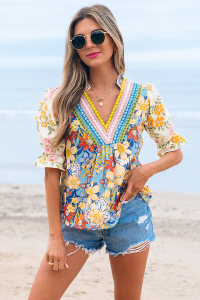 Women's Boho Floral Crochet Blouse in Multicolor with V-Neck and Half Sleeves for Effortless Chic Style