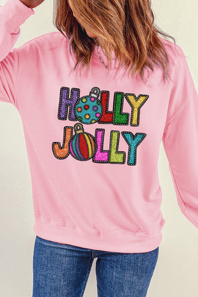 Women's Holly Jolly Pink Christmas Sweatshirt with Glitter Graphic