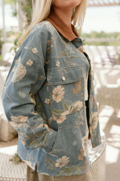 Trendy Women's Sky Blue Floral Denim Jacket with Contrast Corduroy Collar - Stylish Patchwork for Fashionable Looks made for easy styling and wardrobe