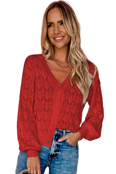 Women's Crimson Pointelle Knit Crochet V-Neck Cardigan