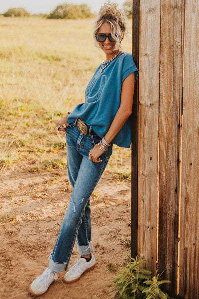 Casual Light Blue Loose Short Sleeve Sweater with Horse Shoe Embroidery for Women - Trendy Knitwear for Everyday Style