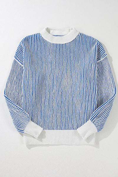 Cozy Dark Blue Striped Knit Sweater for Women - Relaxed Fit with Contrast Edges for Effortless Casual Chic Style