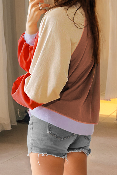 Women‚Äôs Casual Orange Color Block Raglan Sleeve Top with Side Slits - Relaxed Fit for Effortless Style