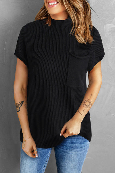 Casual Women's Black Ribbed Knit Short Sleeve Sweater with Patch Pockets - Chic Everyday Essential for Effortless Style