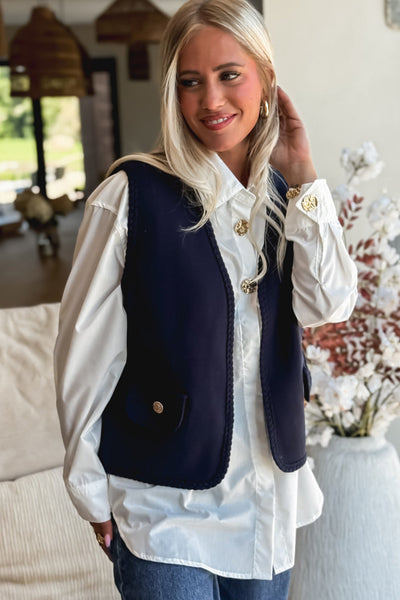 Women's Casual Dirty Blue Braided Trim Open Front Vest - Effortless Layering for Comfort and Chic Style