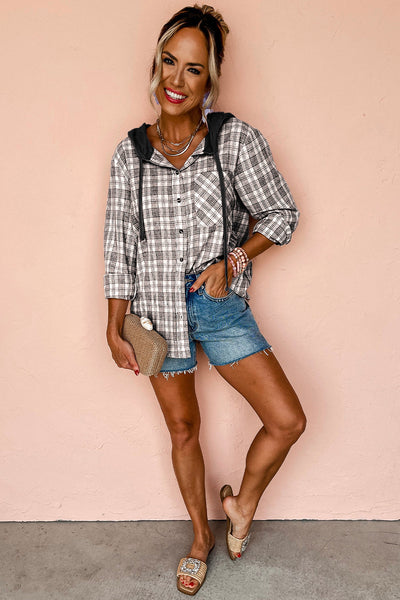Trendy Women's Black Checkered Hooded Shacket - Loose Fit Button-Up Layer for Casual Chic Style