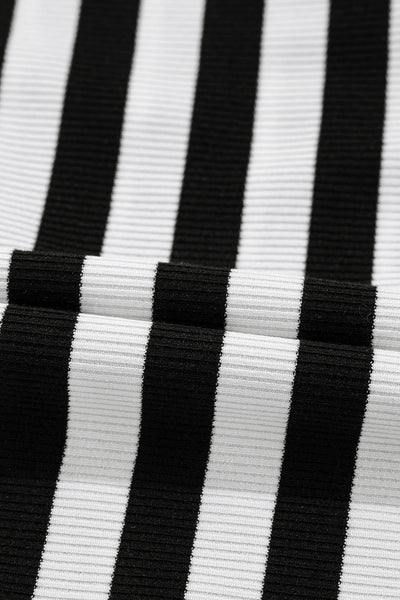 Women's Black and White Stripe Crochet V-Neck Top with Hollow-Out Back and Buttoned Shoulders for a Stylish Look