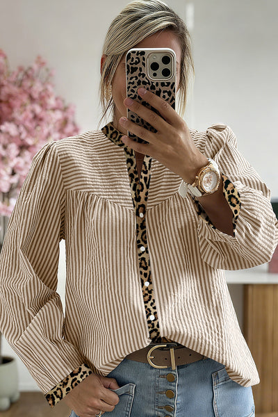 Women's Trendy Women's Brown Stripe Leopard Print Long Sleeve Shirt with Patchwork Detail - Chic Casual Fashion Top