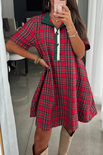 women's red christmas plaid shift dress with contrast button placket made for easy styling and wardrobe coordination, with premium-like structure and