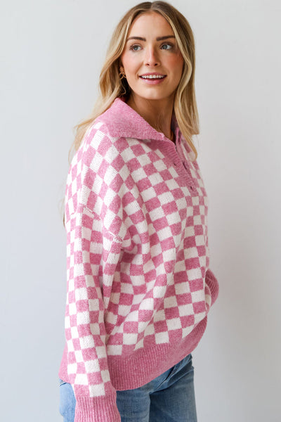 Cozy Women's Pink Checkered V-Neck Sweater with Drop Shoulders & Button Details Stylish Casual Knit Top