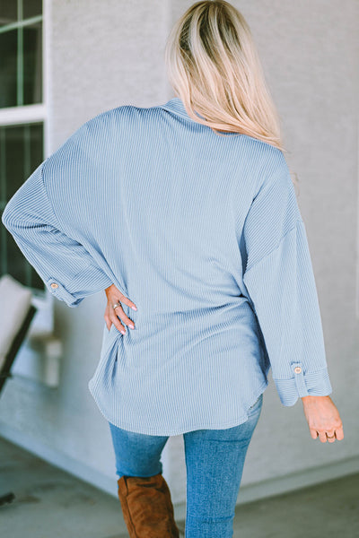 Women's Sky Blue Ribbed Cording Shacket with Roll-Tab Sleeves
