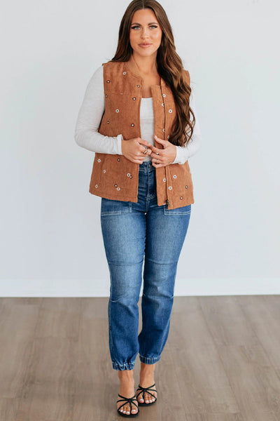 Stylish Women's Gold Flame Corduroy Zipped Vest with Floral Embroidery - Perfect Layering Essential for Every Season