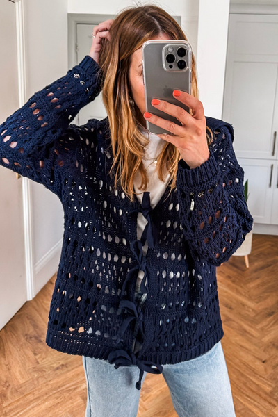 Women's Lightweight Navy Blue Crochet Tie Front Cardigan - Chic Knit Sweater for Casual Spring & Summer Outings