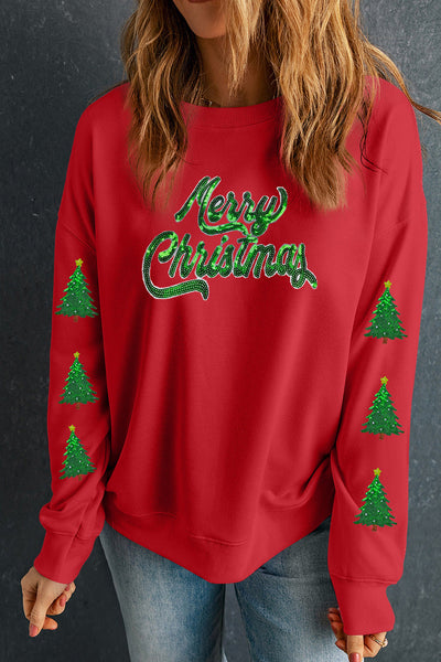 Women's Red Sequin Christmas Tree Graphic Sweatshirt for Women
