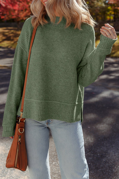 Women's Mist Green Waffle Knit High Neck Sweater