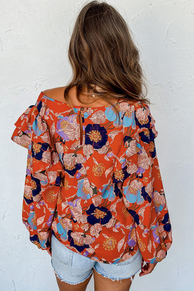 Women's Fiery Red Floral Ruffle Puff Sleeve Blouse - Chic Summer Top with Feminine Fit and Eye-Catching Design