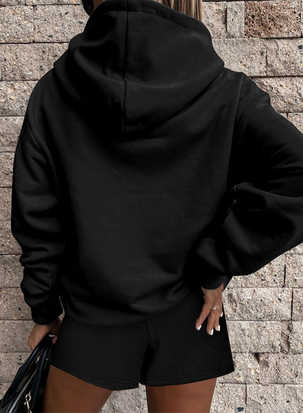 Women's Black Hoodie and Shorts Set - Cozy Casual Outfit with Adjustable Fit for Everyday Comfort and Style