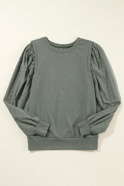 Cozy Women's Grayish Green Patchwork Sweatshirt with Round Neck and Long Sleeves for Casual Style and Comfort