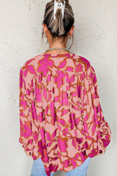 Women's Pink Floral 100% Viscose Batwing Sleeve Button-Up