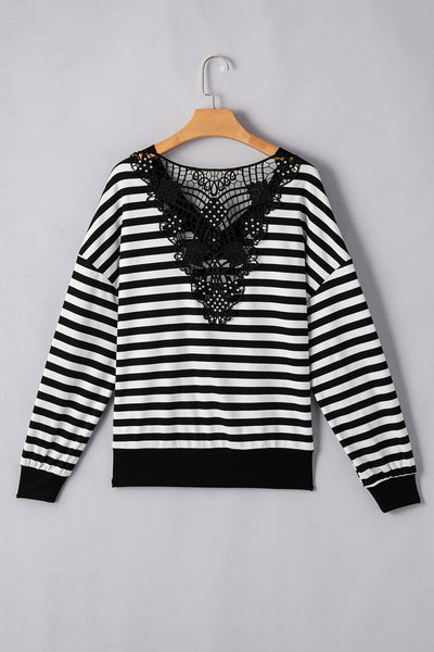 Women's Black and White Stripe Crochet V-Neck Top with Hollow-Out Back and Buttoned Shoulders for a Stylish Look