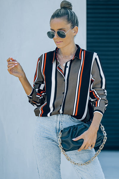 Chic Women's Black and Brown Striped Shirt - Tailored Fit for Effortless Style and Versatile Everyday Wear