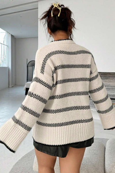 Cozy Plus Size Apricot Stripe Sweater for Women Stylish Crew Neck with Wide Sleeves & Drop Shoulders