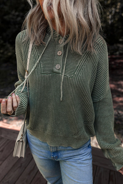 Women's Mist Green Ribbed Knit Hooded Pullover Sweater - Cozy Casual Style with Drawstring and Mineral Wash Finish