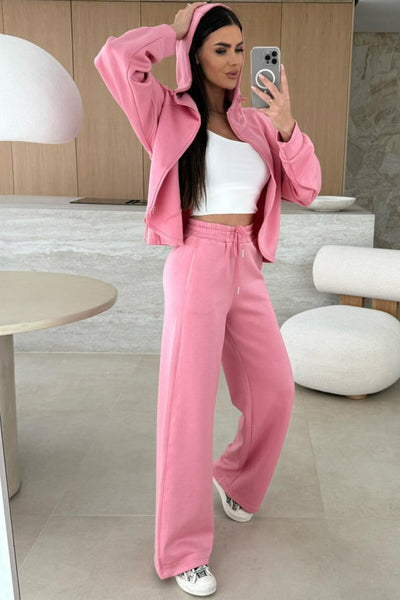 Cozy Women's Pink Zip-Up Hoodie and Loose Pants Set Casual Loungewear for Relaxed, Comfortable Days
