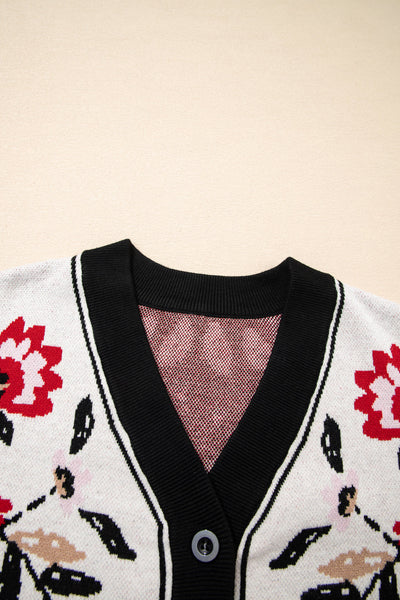 Chic Women's Beige Floral Button-Up V-Neck Knit Cardigan for Cozy Layering in Every Season