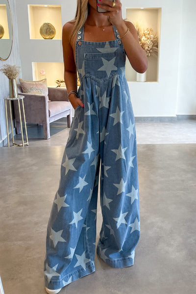 Women's Star Print Buttoned Strap Pleat Wide Leg Denim Overall