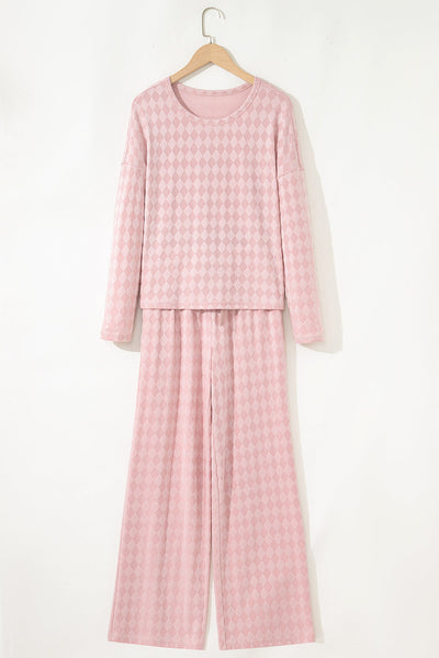 Chic Light Pink Knit Lounge Set for Women - Cozy Long Sleeve Top & Pocketed Drawstring Pants with Stylish Rhombus Design