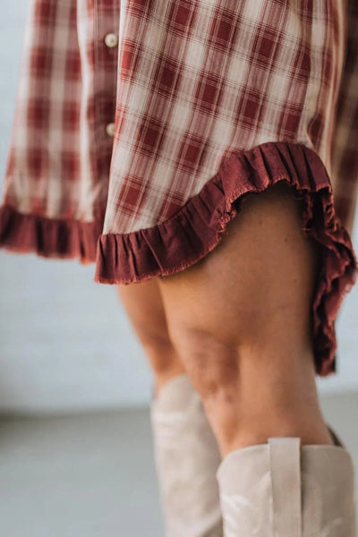 Stylish Women's Red Plaid Ruffled Mini Dress with Long Sleeves and Trendy Patchwork Hem for Casual Summer Outings