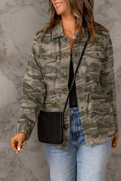Women's Green Camouflage Print Utility Jacket with Button Closure and Multiple Pockets