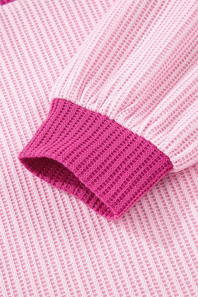Women's Pink Textured Knit Color Block Long Sleeve Top with Button Neck - Stylish & Comfortable Casual Wear