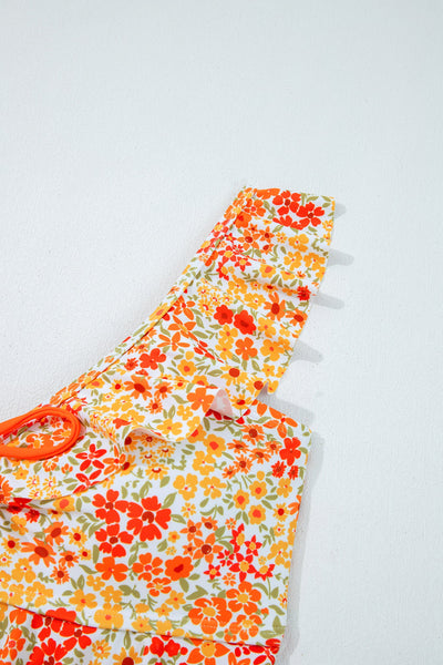 Women's Floral Orange Ruffle One-Piece Swimsuit with Keyhole Detail