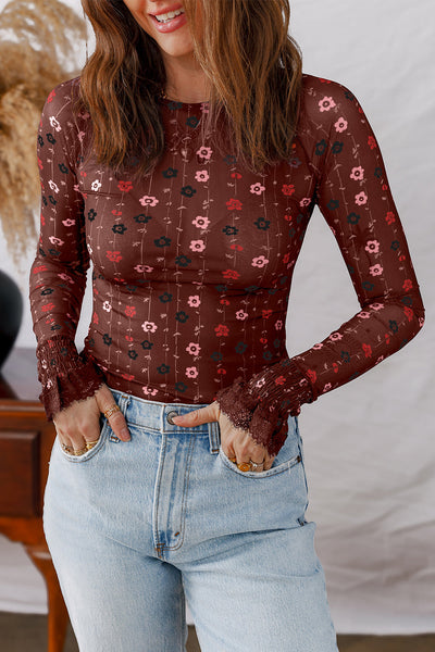 Chic Women's Slim Fit Red Floral Mesh Bodysuit with Smocked Cuffs - Perfect for Stylish Occasions and Everyday Wear