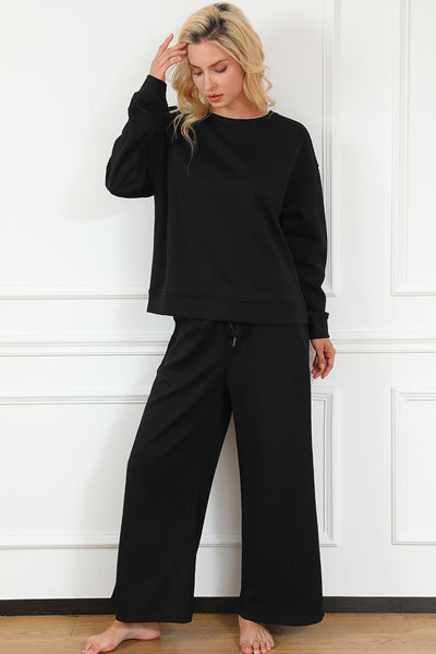 Women's Black Ultra Loose Textured 2-Piece Lounge Set - Cozy Slouchy Casual Outfit for Effortless Everyday Style