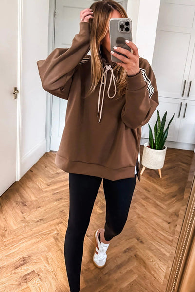 cozy women's chestnut striped drawstring hoodie - relaxed fit for casual preppy style and everyday comfort made for easy styling and wardrobe with