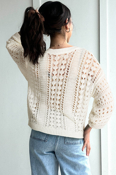 Women's Ivory Pointelle Knit Sweater with Bracelet Sleeves