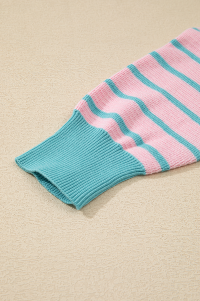 Cozy Women's Pink Striped Loose Sweater with Drop Shoulders & Round Neck - Effortless Casual Knit Top for Relaxed Style