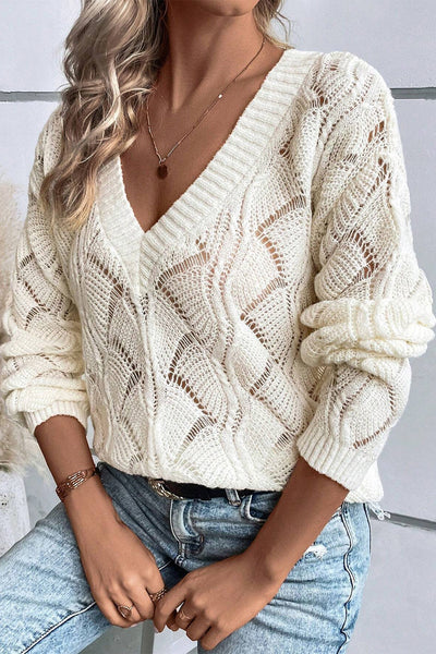 Chic Beige V-Neck Knit Sweater for Women with Drop Shoulders - Stylish Hollow Out Design for Trendy Fall Fashion