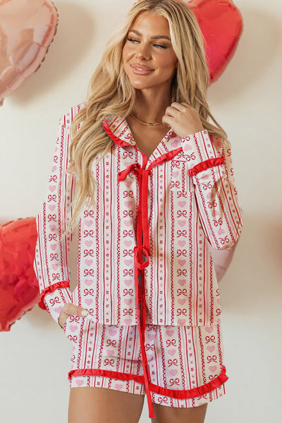 Women's Comfortable Red Floral Heart Print Long Sleeve Pajama Set with Bow Detail and Contrast Trim for Sleepwear