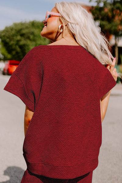 Women's Red Dahlia Textured Lounge Set: Loose Fit T-Shirt & Cozy Drawstring Pants for Casual Comfort